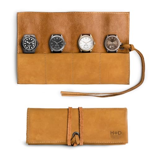 Image of Hide & Drink, Leather Watch Roll Organizer Handmade from Full Grain Leather, Holds Up to 4 Watches, Easy Carry On Watchlover Storage (Old Tobacco)