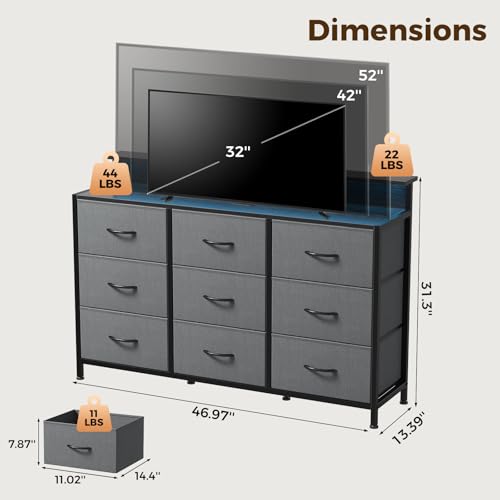 Image of NEWBULIG Wooden Top Media Console for 32-52 inch Dresser TV Stand with 9 Fabric Drawers & Open Shelves, Entertainment Center with LED Lights & Charging Station for Bedroom, Grey