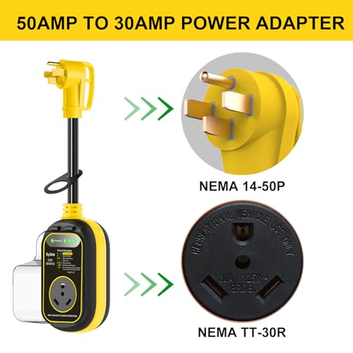 Image of EyGde 50 Amp to 30 Amp RV Adapter with Surge Protector Waterproof - Patented 4500J RV Circuit Analyzer Voltage Protector for Camper Travel Trailer - with Easy to Use Handle