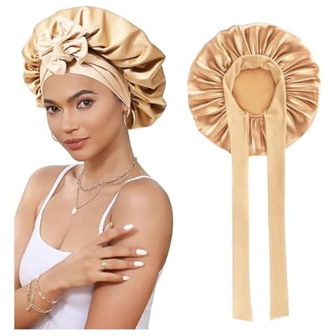 Silk Bonnet for Sleeping Women, Satin Bonnet with Tie Band, Double Layer Elastic Band Silk Sleep Cap for Curly Hair Cover