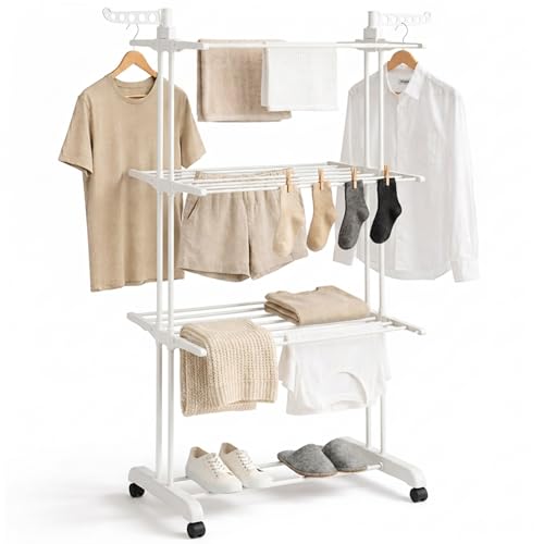 edihome, Tendedero Vertical, Plegable, 4 Niveles con Alas Laterales, Acero Inoxidable, 35 kg Capacidad, con Ruedas, Ahorra Espacio, Interior y Exterior (Blanco)