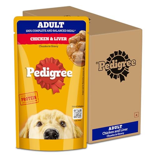 Pedigree Adult Wet Dog Food, Chicken & Liver Chunks in Gravy, 130 g (Pack of 12), Complete & Balanced Meal for Adult Dogs