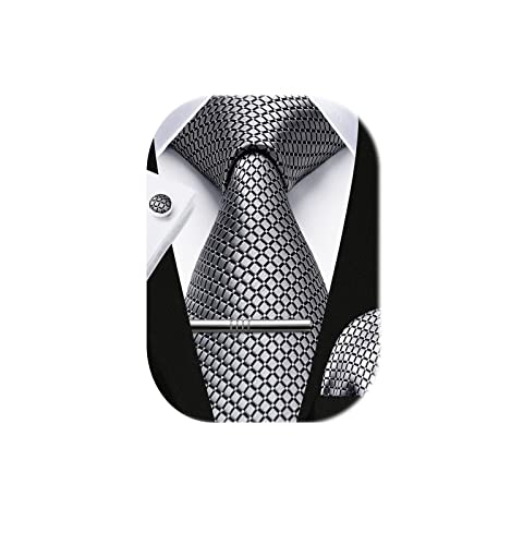 HISDERN Men Tie Silver Plaid Checkered Ties for Men Silk Woven Men's Neckties and Pocket Square Cufflinks Tie Clip Set Formal Business Necktie