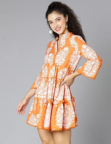 Image of oxolloxo Women Viscose Flared Regular Sleeves Floral Blue Casual Dress
