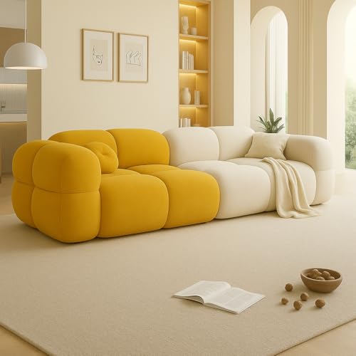 Image of LEGACY OF COMFORT Prith Velvet Cloud Sofa - Premium Cushioned Comfort | Brand-Registered Design | 3 Seater Sofa for Living Room (Mustard Yellow /Ivory)
