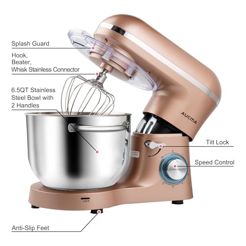 Image of Aucma Stand Mixer,6.5-QT 660W 6-Speed Tilt-Head Food Mixer, Kitchen Electric Mixer with Dough Hook, Wire Whip & Beater (Champagne, 6.5QT)