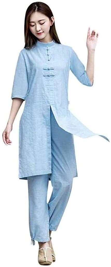Costume de Tai Chi en lin bleu RWRAPS pour arts martiaux et méditation