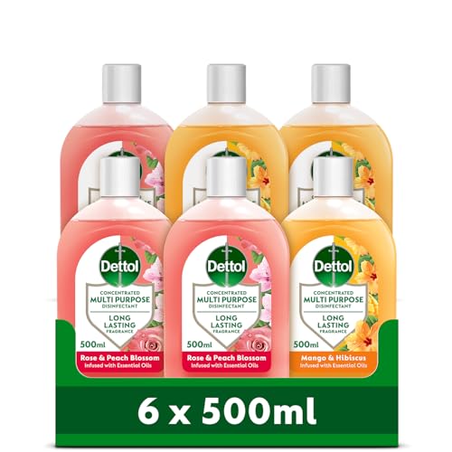 Image of Dettol, Multipurpose Concentrated Disinfectant Liquid, Rose & Peachlossom + Mango & Hibiscus 3000ml (500ml x 6 pck), Long Lasting Fragrance with Essential oils, Kills 99.9 Percent of Bacteria
