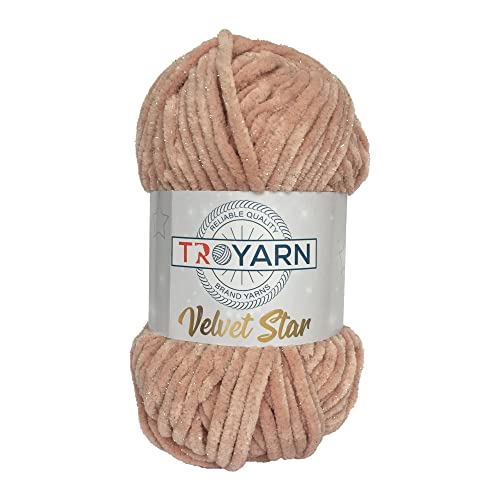 Troyarn Velvet Star, Silvery Glitter Chenille Baby Blanket Yarn Amigurumi Yarn for Crocheting and Knitting Super Bulky 100 gr (120 yds) Length: 110 m (10442 - Shell, 1 Skein)