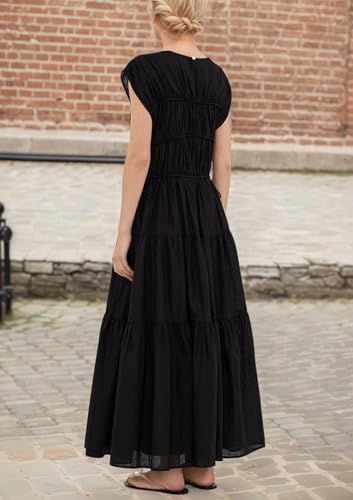 Image of calbatic Women Pleated Ruched Tiered Maxi Dress Sleeveless Patchwork Ruffle Hem A Line Flowy Summer Elegant Long Dress