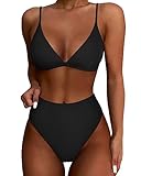 SUUKSESS Women High Waisted High Cut Bikini Sets Sexy Triangle Two Piece Swimsuits Push Up Bathing Suits (Black, M)