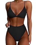 SUUKSESS Women High Waisted High Cut Bikini Sets Sexy Triangle Two Piece Swimsuits Push Up Bathing Suits (Black, S)