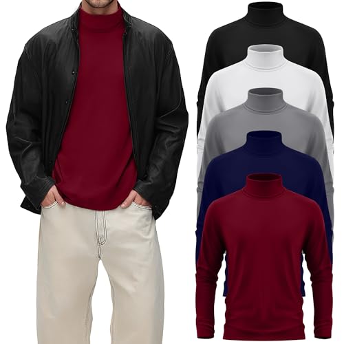 Neer 5 Packs Mens Big and Tall Long Sleeve Shirts Turtleneck Thermal Tops Casual Basic Tees Lightweight Pullover Undershirt(Black, White, Light Gray, Navy Blue, Wine Red,4X-Large)