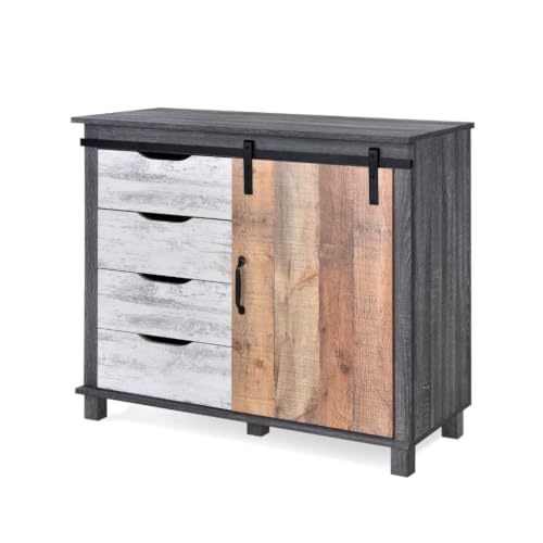 Image of Driftwood Engineered Wood Storage Cabinet | Industrial Cabinet with 4 Drawers, Sliding Door & Shelves | Multi-Purpose Organizer for Living Room, Bedroom & Office | Grey & Rustic Oak Finish