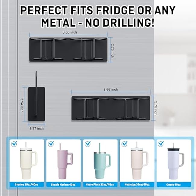Magnetic Cup Holder for Fridge, 2 Pack Stanley Cup Holder, Water Bottle Organizer for Stanley 30/40 oz, Tumbler Lid Organizer for Stanley Cup Organizer, Stanley Cup Accessories