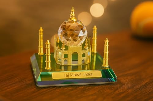 Image of Crystal Taj Mahal Showpiece with Gold Detailing | Mini Taj Mahal Replica Souvenir | Crystal Decorative Item for Home Decor, Office Desk Decor & Showcase | Indian Heritage Gift & Tourist Souvenir