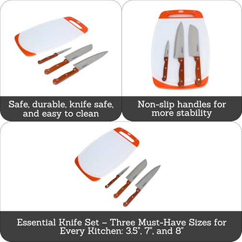 Set de 4 piezas de cuchillos y tabla de cortar IMUSA | Acabado natural en acero inoxidable, mangos ergonómicos de madera, ideal para picar y rebanar, excelente para familias y nuevos propietarios de vivienda miniatura 2