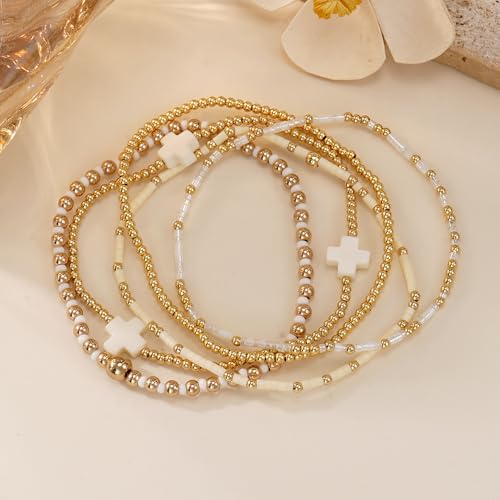 5Pcs Gold Plated Cross Beaded Bracelets Stack Set for Women,Stretch Stackable Boho Colorful Beads Ball Jewelry Friendship Summer Daily Wear Trendy4