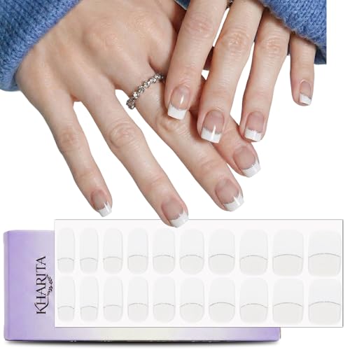 KHARITA Semi Cured Gel Nail Strips Real Gel Nail Polish UV Wraps for Brittle Nails | Long Lasting Easy Peel-Off Removal | Hema-Free | 20-Piece French Tip Silver Salon Kit with File & Stick