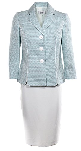 Le Suit Teal White Women's Petite Textured Skirt Suit Set 8P