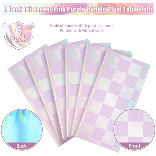 Image of 6Pack Iridescent Checkered and Purple Plastic Tablecloths Shiny Disposable Laser Rectangle Table Covers Holographic Foil Tablecloth Iridescent Party Decorations Birthday Bridal Baby Shower, 54x108Inch