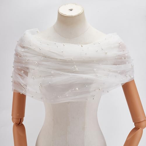 NICENEEDED White Tulle Bridal Shawl, Pearl Bridal Cape Wrap, Wedding Shoulderless Capelets Lace Scarf Women's Bridal Wedding Tulle Stole Fashionable Wedding Accessories for Party4