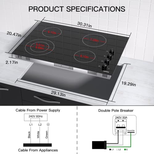 Electric Cooktop 30 inch Ceramic Stove 4 Burners Built-in Electric Stove Top 11 Power Levels/Control by Knob/220-240V 6700W Stove Top Burners Satin Glass Cooktop