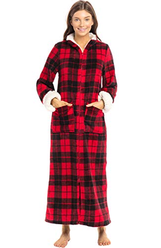 Alexander Del Rossa Women's Zip Up Fleece Robe, Loose Sherpa Cuff and Collar Bathrobe, Large-XL Red Buffalo Check Plaid with Sherpa (A0258Q42X)