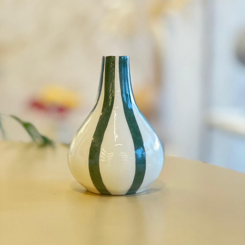 Image of PUREZENTO Green & White Striped 'Tulip Bud' Ceramic Vase 6 Inch (Pack of 1) | Unique Modern Bud Vase for Dried Flowers & Pampas Grass | Vases for Modern Home Decor, Living Room & Office Decor Ideas