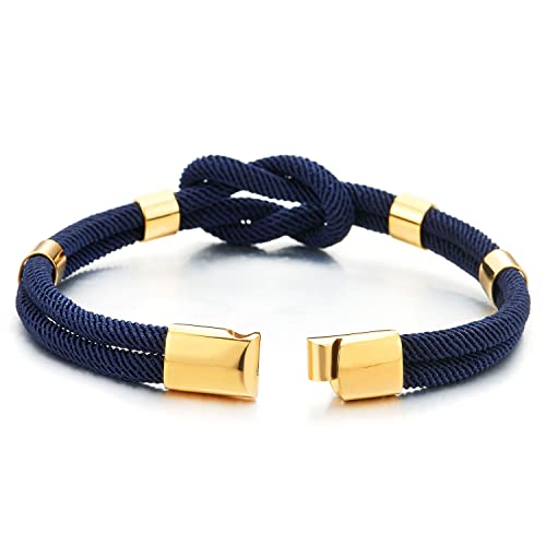 COOLSTEELANDBEYOND Mens Women Friendship Nautical Knot Dark Blue Cotton Straps Double-Lap Wristband Gold Color Bracelet4