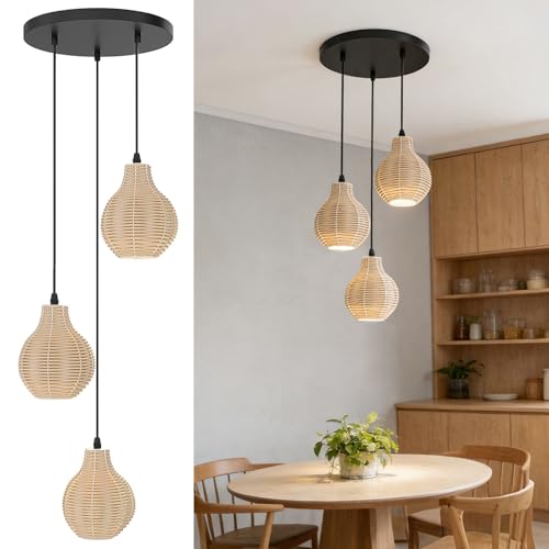 COSTWAY Suspension Luminaire en Rotin à 3 Lumières, Lustre Tissé à la Main, Hauteur Réglable, 3 Culots d'Ampoule E27, Lustre Style Bohème, Suspension Luminaire pour Salon Chambre Cuisine