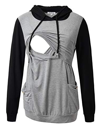 Image of GINKANA Womens Nursing Hoodie Top Sweatshirt Long Sleeve Button Decoration Pockets Shirts Tunic Top