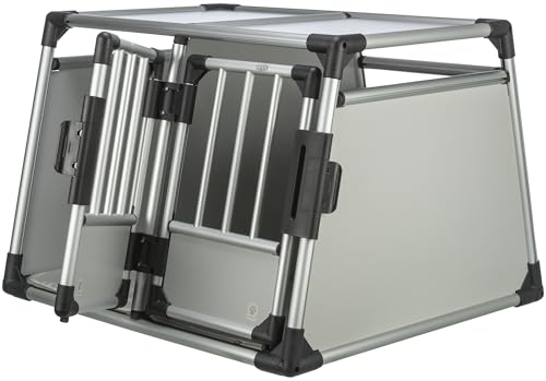 TRIXIE Doppel-Transportbox Aluminium – Hundebox für zwei Hunde bis zu 50 kg, 93 × 64 × 83 cm, mit herausnehmbarer Trennwand, Sicherheitsverschluss vorne & rutschfester Liegematte – 39345