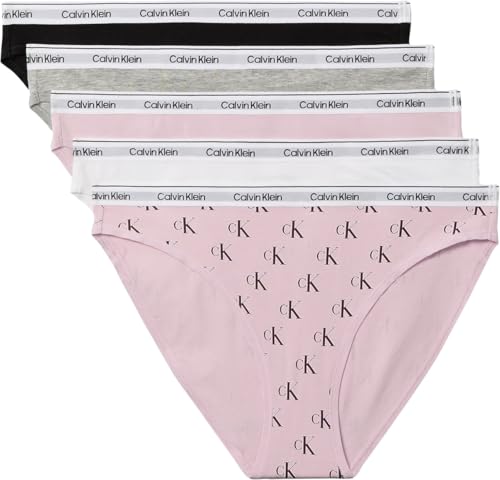 Calvin Klein Damen-Bikini-Slip, 5er-Pack, niedrige Taille, Schwarz/Grau Heather/Hawaii Orchidee/Cl, L – Ansicht 1