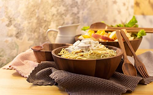 Large Acacia Wood Nesting Round Set 3 Serving Bowls 9½” 8½” 7” With Utensils Wooden Forks And Spoons Mix Size Stackable Dish For Fruit Salad Vegetables Pasta Soup Cereals Decorative Wooden Nest Bowl #TOP6