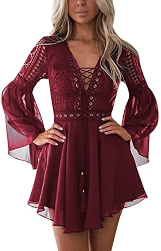 FLOYU Halloween Lace Dresses for Women Crochet High Waisted Elegent Dress Deep V Neck Ruffle Long Sleeve Dress