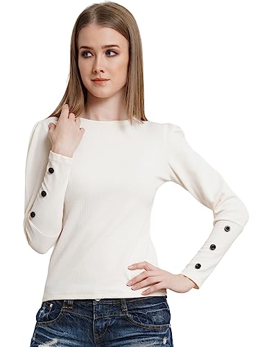 Image of POPWINGS Casual Solid Puff Button Long Sleeves Top for Women || Summer Round Neck Stylish Western Top for Jeans