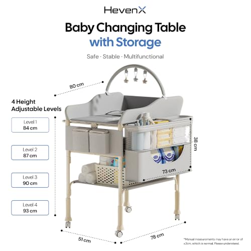 Image of Premium Diaper Changing Station | Baby Changing Table with Storage Baskets, Wheels & Hanging Toy Arch - Portable & Foldable Nursery Organizer, High Carbon Steel Frame (Grey)
