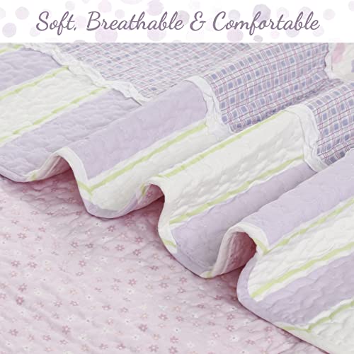 Cozy Line Home Fashions Lavender Green Stripe Dots Girl 100% Cotton Reversible Quilt Bedding Set, All-Season Coverlet Bedspread (Purple Dots, Twin - 2 Piece) #TOP2