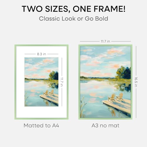 Image of Homeforia A3 Green Picture Frame, High-End Metal, A4 Mat, Glass | High End Aluminum, Tempered Glass, Acid-Free A4 Removable Mat, A3 Edge-to-Edge Display, Wall Kit, Set Of 1