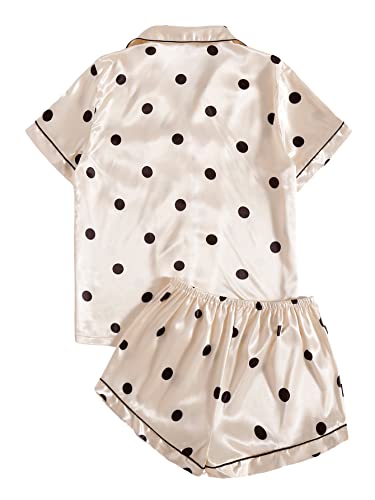 Lyaner Women's Polka Dots Silky Satin Pajamas Short Sleeve Top With Shorts Sleepwear Pj Set Beige Small #TOP1