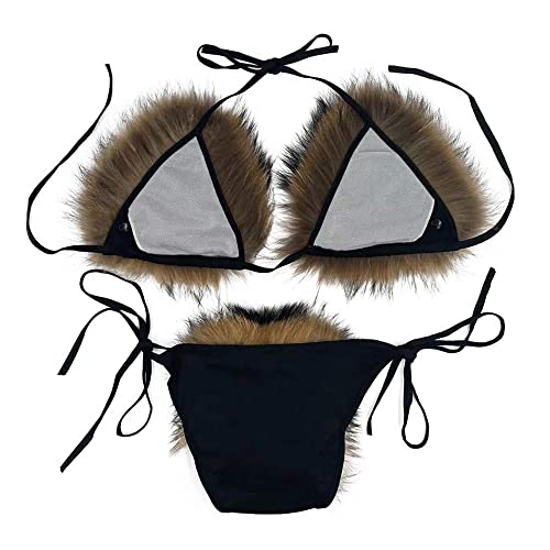 ZOSCGJMY Women's Faux Fur Halter String Triangle Bikini Sets Two Piece Swimsuits2