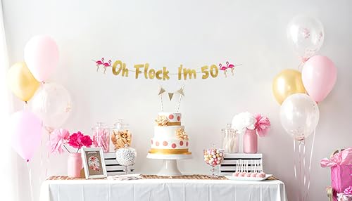 Image of Pre-Strung Oh Flock I'm 50 Gold Glitter Banner - 50th Birthday Decorations for Men and Women - Birthday Party Supplies and Gifts
