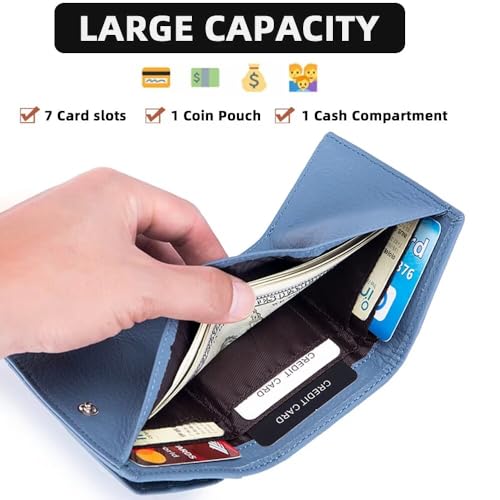 Wallet for Women Genuine Leather RFID Blocking Card Holder Minimalist Tri-fold Cash Wallet with Snap Coin Pouch, Rose Red, One Size3