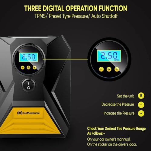 Image of GoMechanic Gusto Digital Tyre Inflator for Cars & Bikes | 150 PSI | 12V DC Portable Air Pump for Tyres with Auto Shut Off | Tyre Pressure Gauge | Multi-Nozzle Compatible | Emergency LED