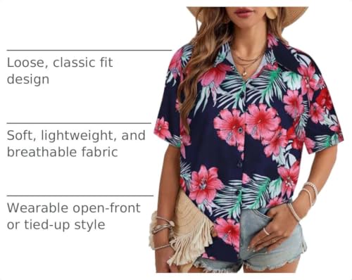 Image of Women Hawaiian Shirt Button Down Summer Tops Beach Short Sleeve Blouse
