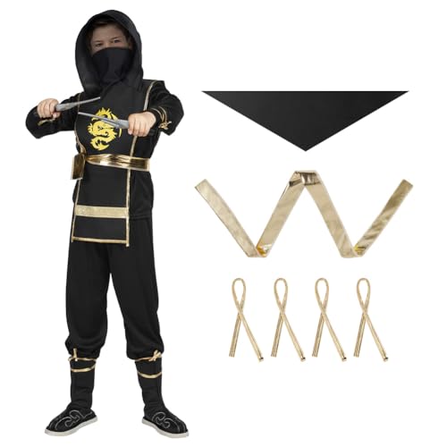 AOOWU Black Ninja Costume for Kids Deluxe Set including Foam Accessories, Kung Fu Outfit for Halloween Christmas, Dress Up