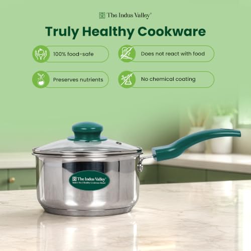Image of The Indus Valley Stainless Steel Impact Bonded Sauce Pan 1.5 litres with Glass Lid | Chai & Soup Pan | Induction & Gas Compatible | 3-Layer Thick Bottom | Stay-Cool Handles | 100% Toxin-Free
