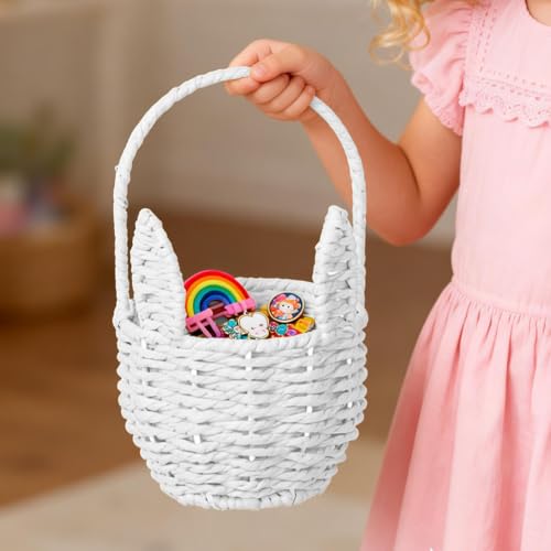 Cesta tejida de mimbre de Pascua, cesta tejida de almacenamiento con mango en forma de orejas de conejo, cesta fácil de transportar plantas de vientre con mango hecho a mano, cesta de cesta de