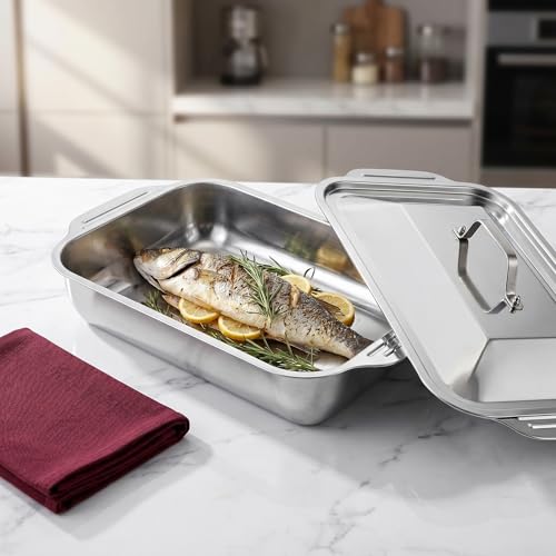 Bandeja de horno profunda de acero inoxidable rectangular Happyyami para asar carne y pescado 5